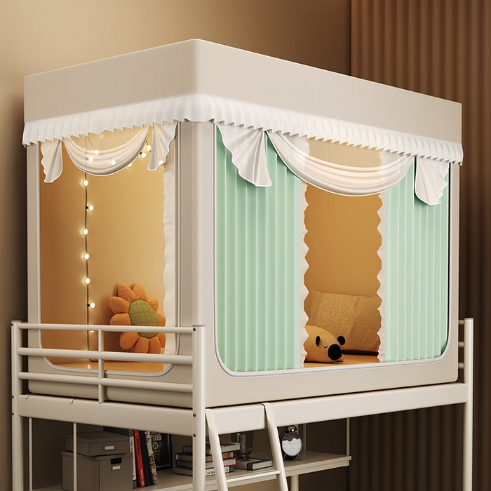 无瑕家居 2026新款全强遮光大学生蚊帐坐床蚊帐一体式三开门蚊帐学生款宿舍蚊帐上下铺宿舍蚊帐 奶油黄+草绿