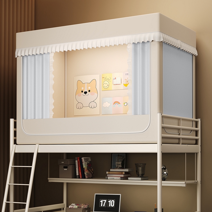 91家纺网 家纺一手货源 找家纺 无瑕家居 2026新款全强遮光大学生蚊帐坐床蚊帐一体式三开门蚊帐学生款宿舍蚊帐上下铺宿舍蚊帐 奶油黄+浅灰