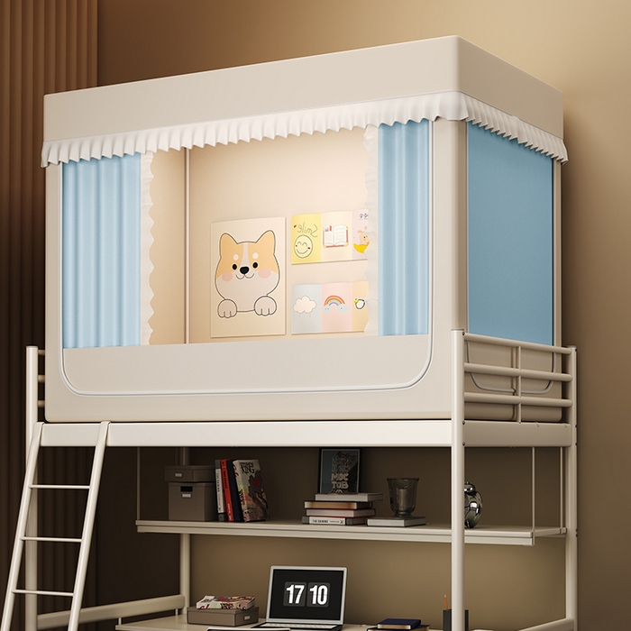 91家纺网 家纺一手货源 找家纺 无瑕家居 2026新款全强遮光大学生蚊帐坐床蚊帐一体式三开门蚊帐学生款宿舍蚊帐上下铺宿舍蚊帐 奶油黄+雾蓝