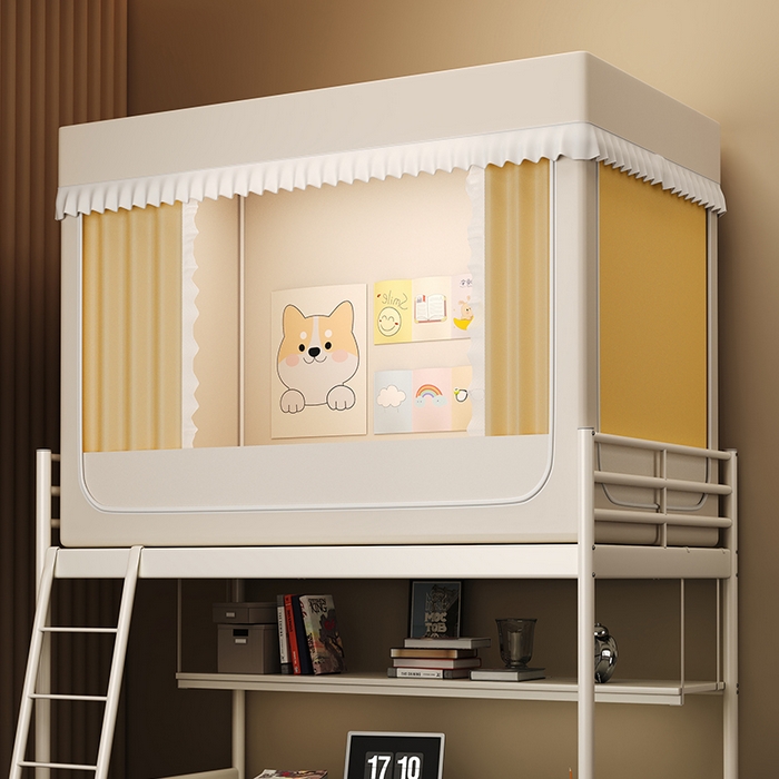 91家纺网 家纺一手货源 找家纺 无瑕家居 2026新款全强遮光大学生蚊帐坐床蚊帐一体式三开门蚊帐学生款宿舍蚊帐上下铺宿舍蚊帐 奶油黄+卡其