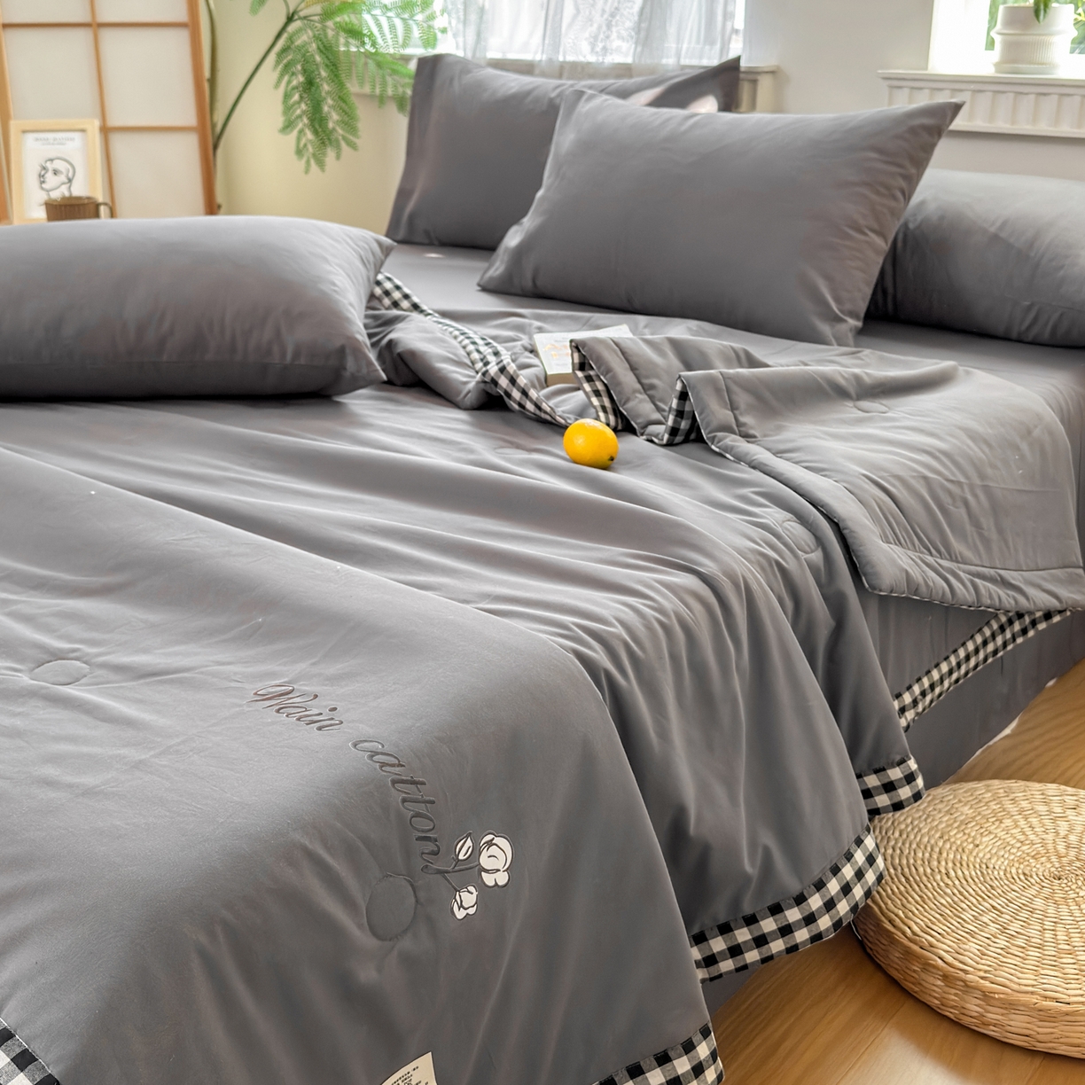 91家纺网 家纺一手货源 找家纺 雯雨家纺 2026新款全棉水洗棉棉花夏凉被-简森系列 简森-高级灰