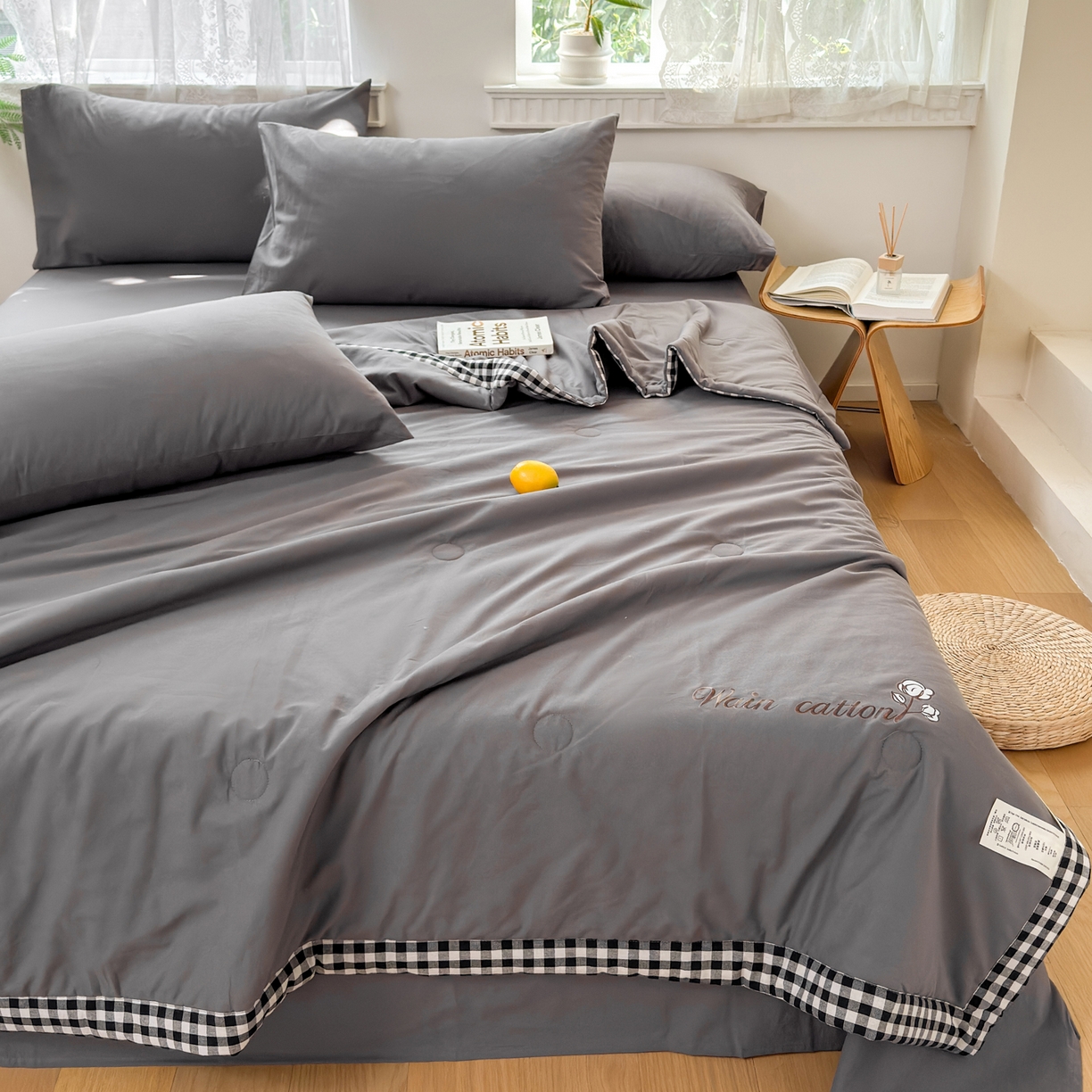91家纺网 家纺一手货源 找家纺 雯雨家纺 2026新款全棉水洗棉棉花夏凉被-简森系列 简森-高级灰