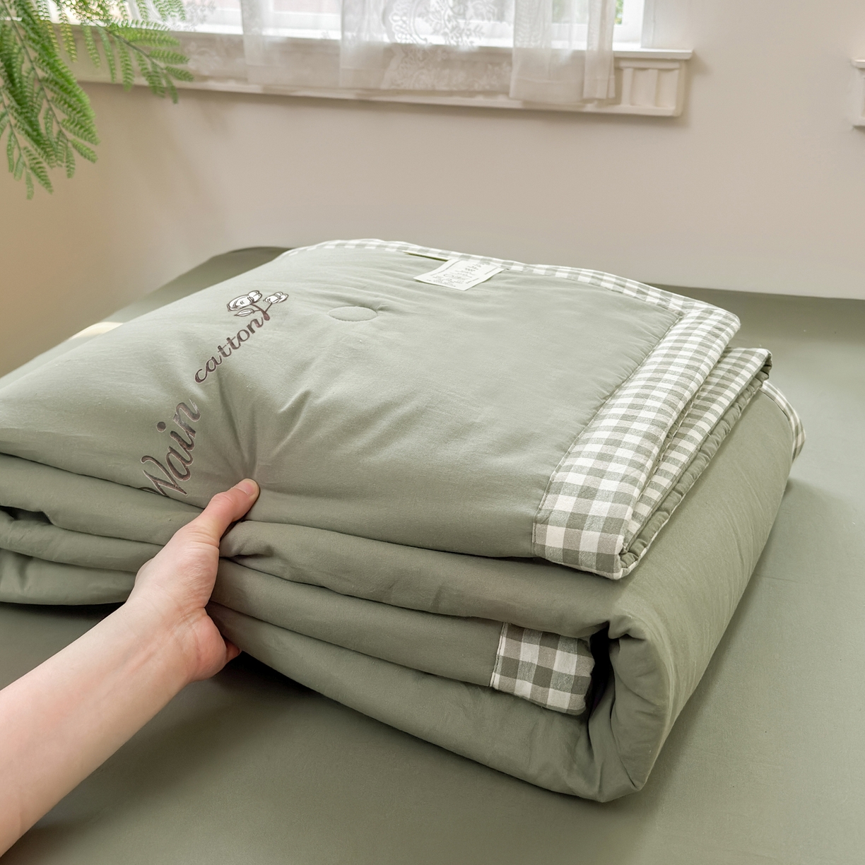 91家纺网 家纺一手货源 找家纺 雯雨家纺 2026新款全棉水洗棉棉花夏凉被-简森系列 简森-军绿黄