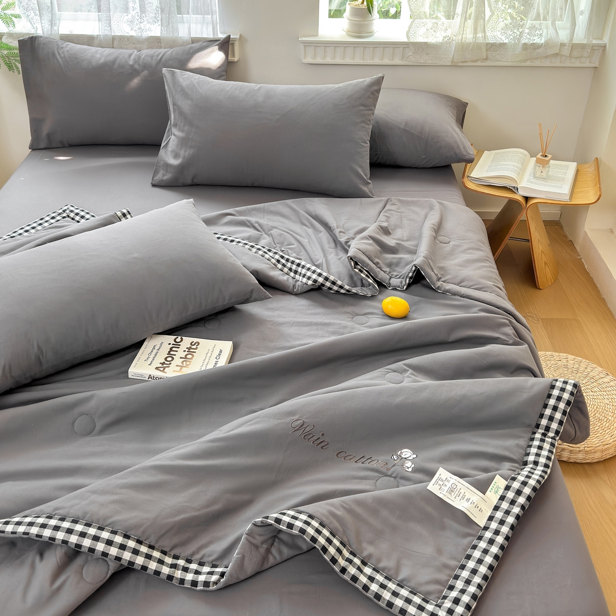 91家纺网 家纺一手货源 找家纺 雯雨家纺 2026新款全棉水洗棉棉花夏凉被-简森系列 简森-高级灰