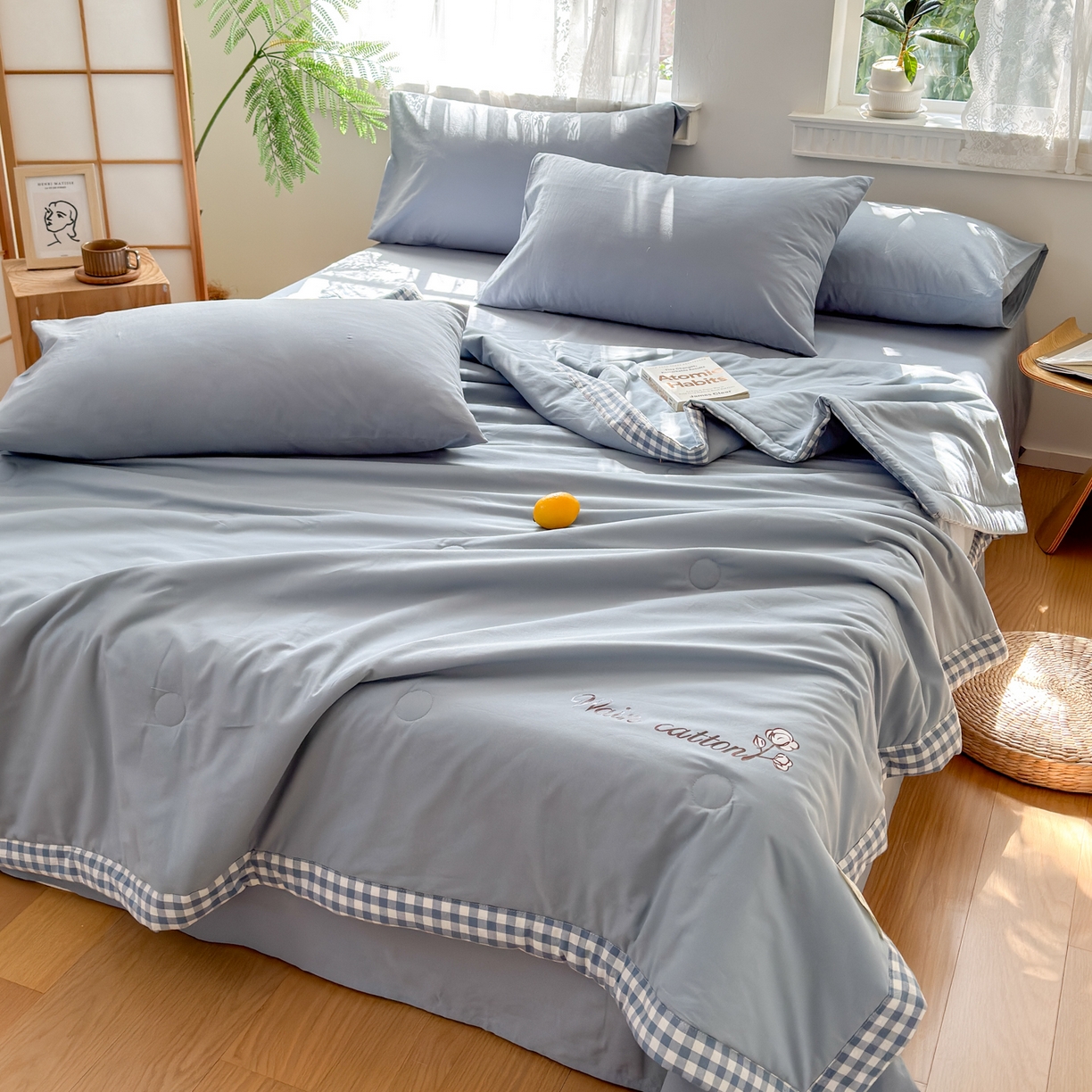 91家纺网 家纺一手货源 找家纺 雯雨家纺 2026新款全棉水洗棉棉花夏凉被-简森系列 简森-轻奢蓝