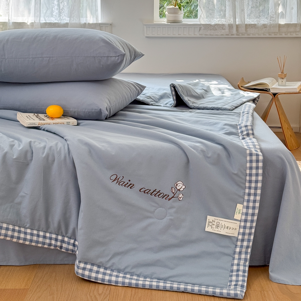 91家纺网 家纺一手货源 找家纺 雯雨家纺 2026新款全棉水洗棉棉花夏凉被-简森系列 简森-轻奢蓝