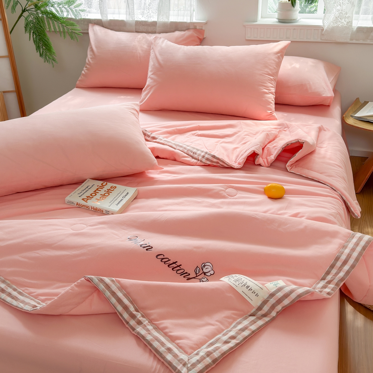 91家纺网 家纺一手货源 找家纺 雯雨家纺 2026新款全棉水洗棉棉花夏凉被-简森系列 简森-文艺粉