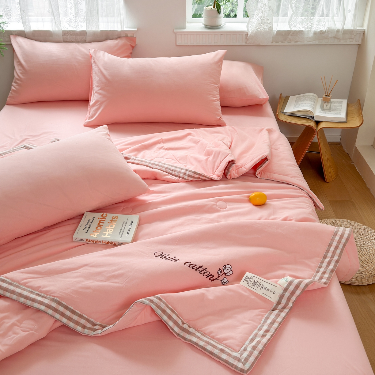 91家纺网 家纺一手货源 找家纺 雯雨家纺 2026新款全棉水洗棉棉花夏凉被-简森系列 简森-文艺粉