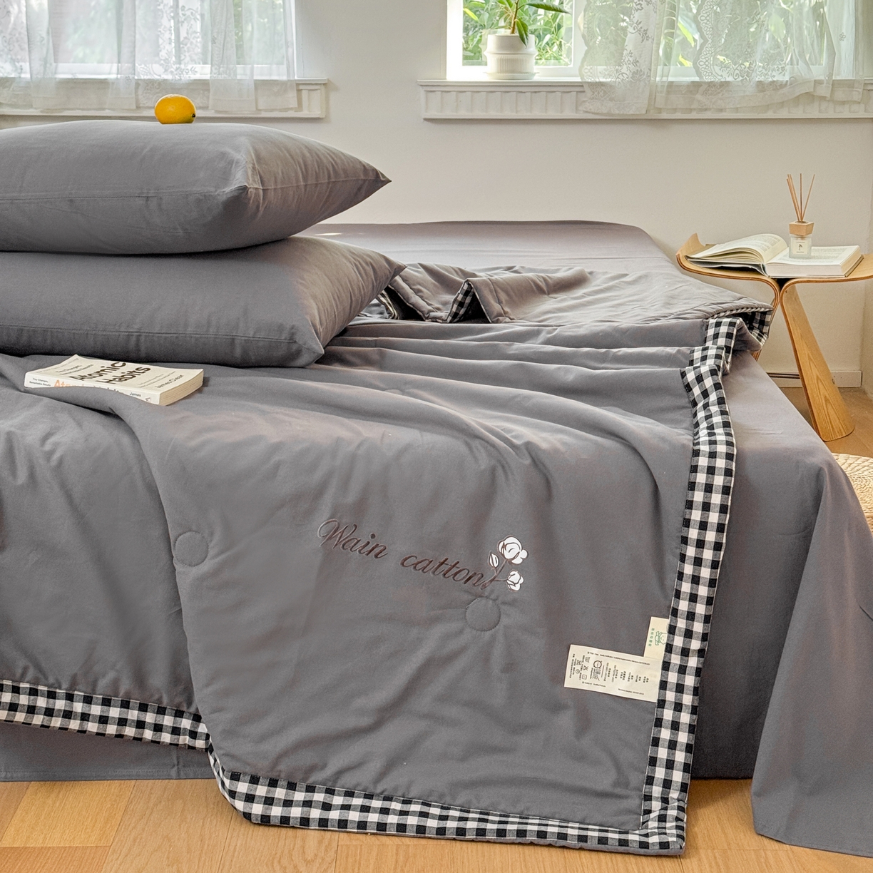 91家纺网 家纺一手货源 找家纺 雯雨家纺 2026新款全棉水洗棉棉花夏凉被-简森系列 简森-高级灰
