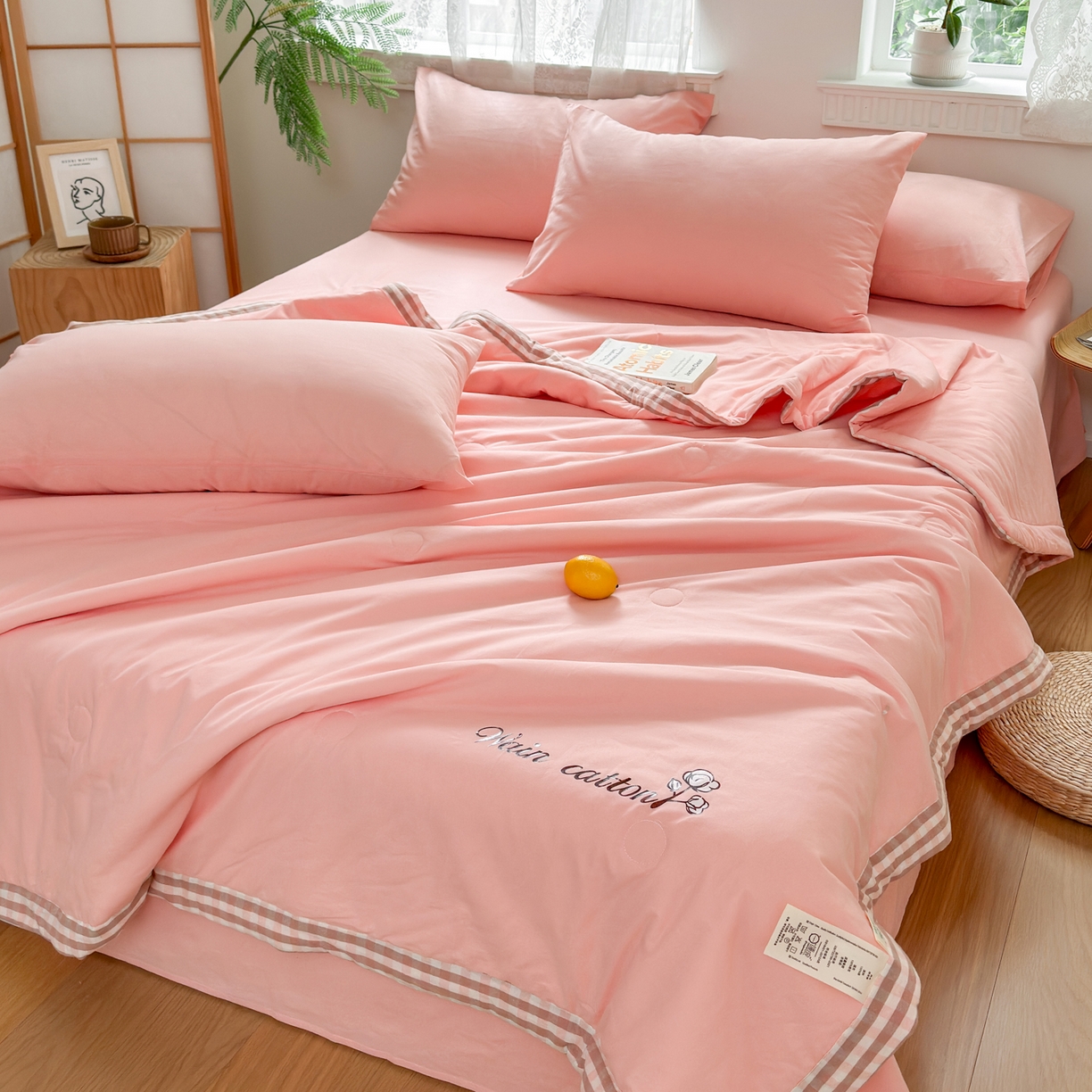 91家纺网 家纺一手货源 找家纺 雯雨家纺 2026新款全棉水洗棉棉花夏凉被-简森系列 简森-文艺粉