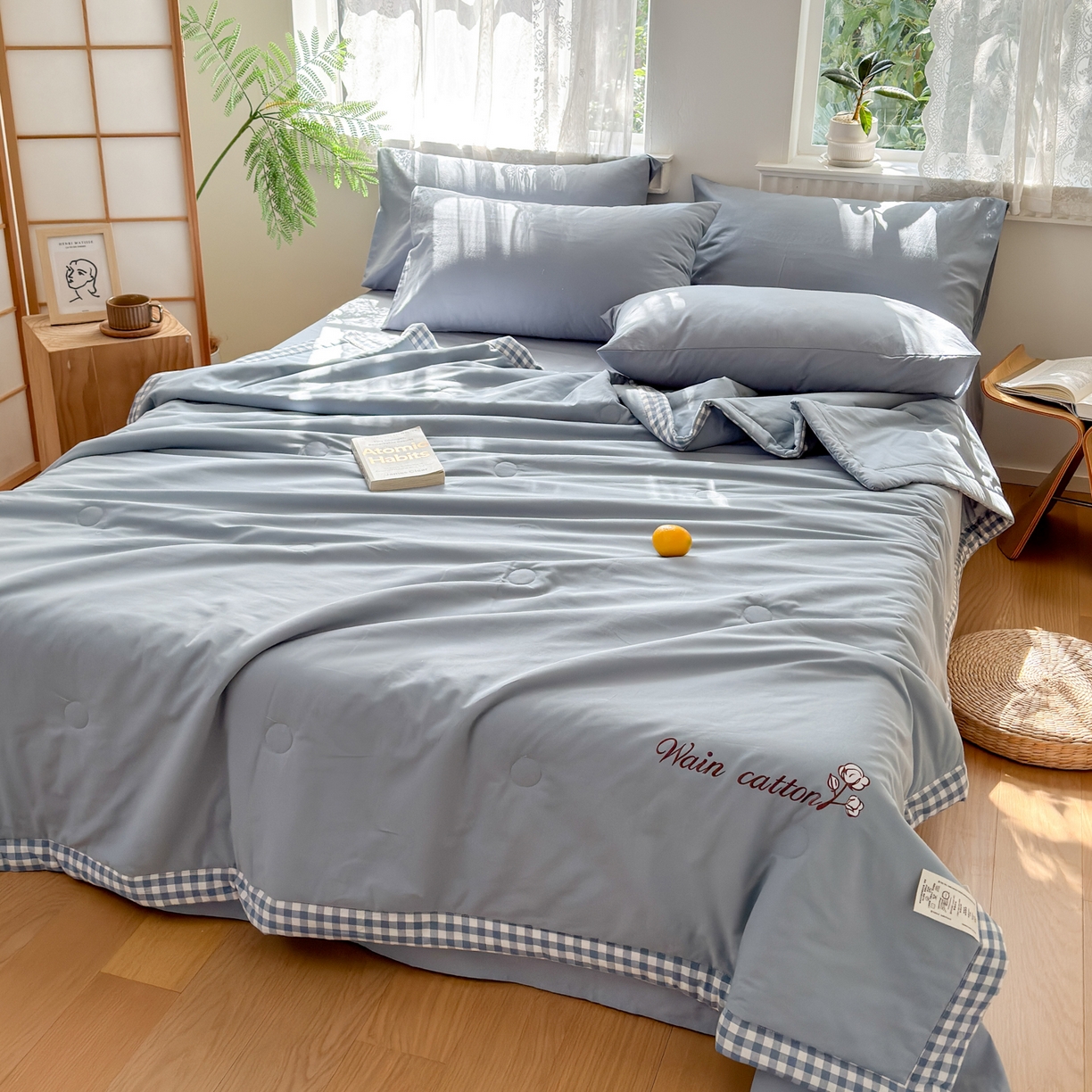 91家纺网 家纺一手货源 找家纺 雯雨家纺 2026新款全棉水洗棉棉花夏凉被-简森系列 简森-轻奢蓝