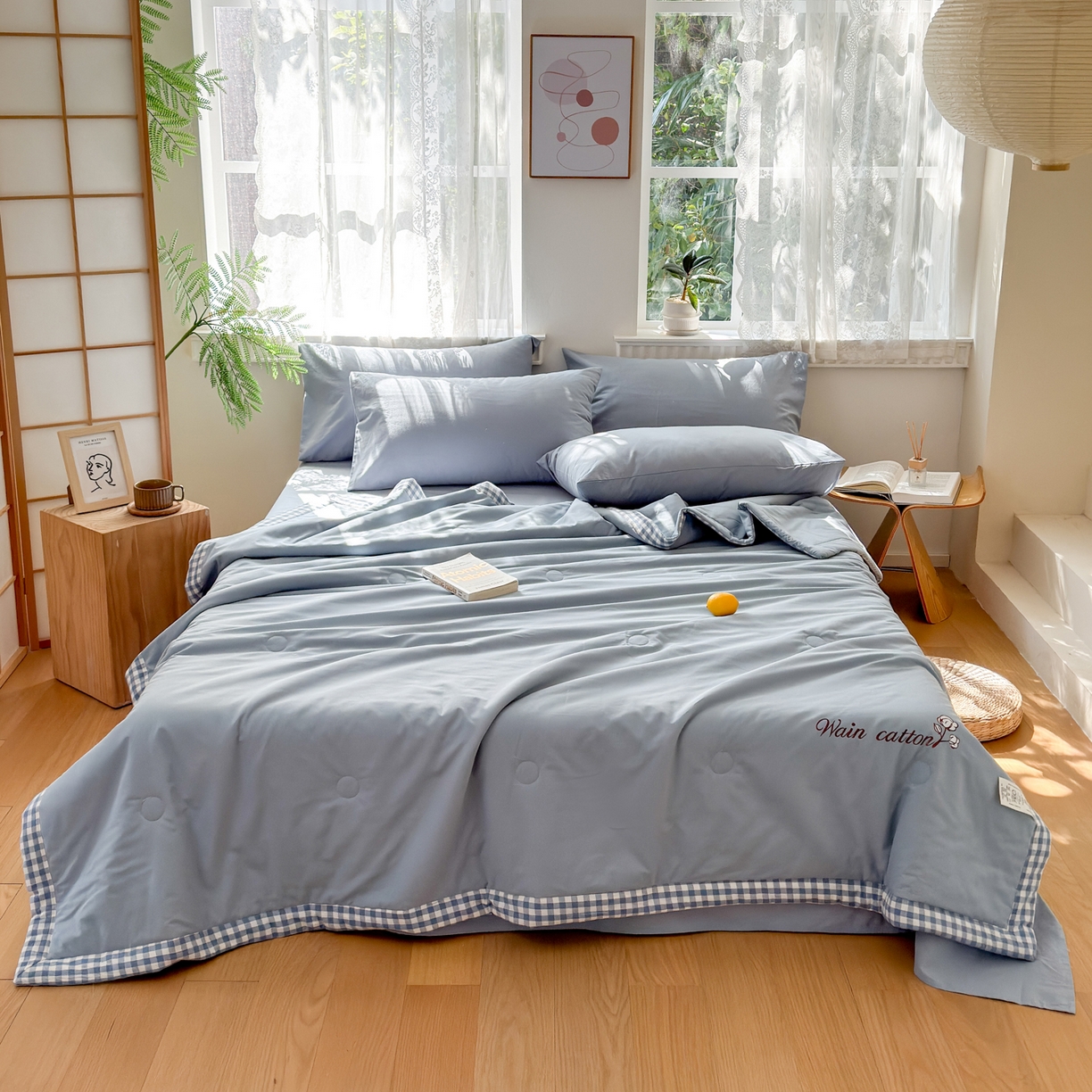 91家纺网 家纺一手货源 找家纺 雯雨家纺 2026新款全棉水洗棉棉花夏凉被-简森系列 简森-轻奢蓝
