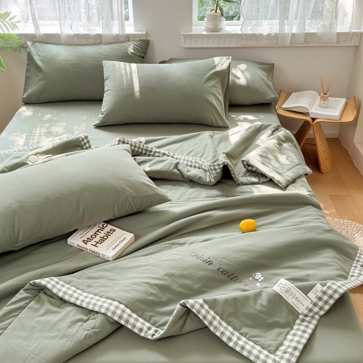 91家纺网 家纺一手货源 找家纺 雯雨家纺 2026新款全棉水洗棉棉花夏凉被-简森系列 简森-军绿黄