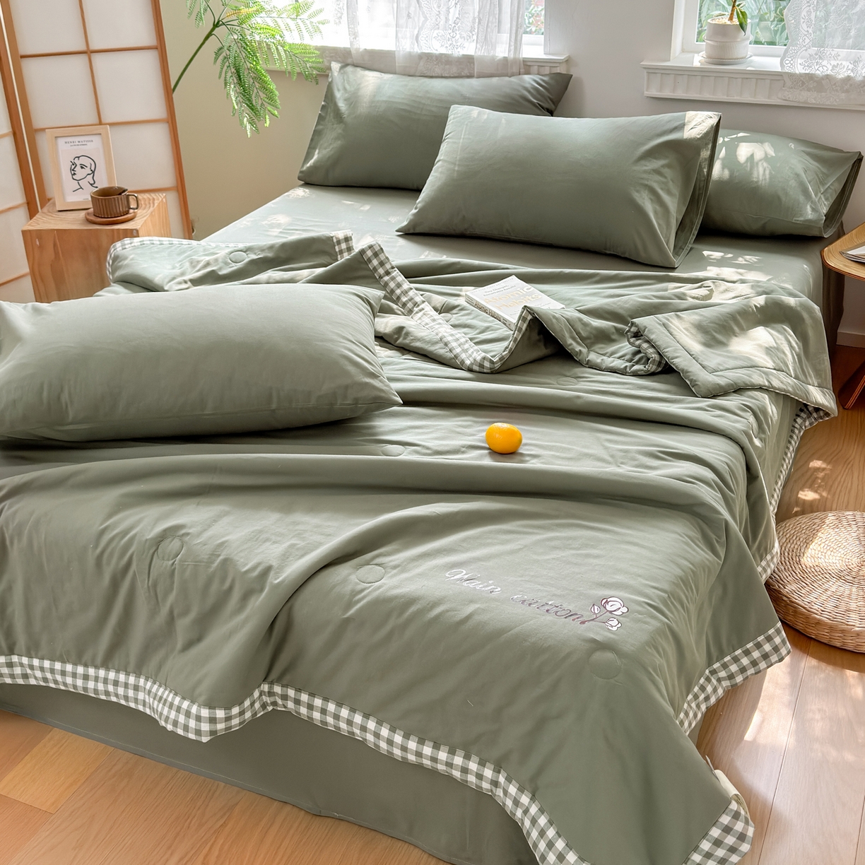 91家纺网 家纺一手货源 找家纺 雯雨家纺 2026新款全棉水洗棉棉花夏凉被-简森系列 简森-军绿黄