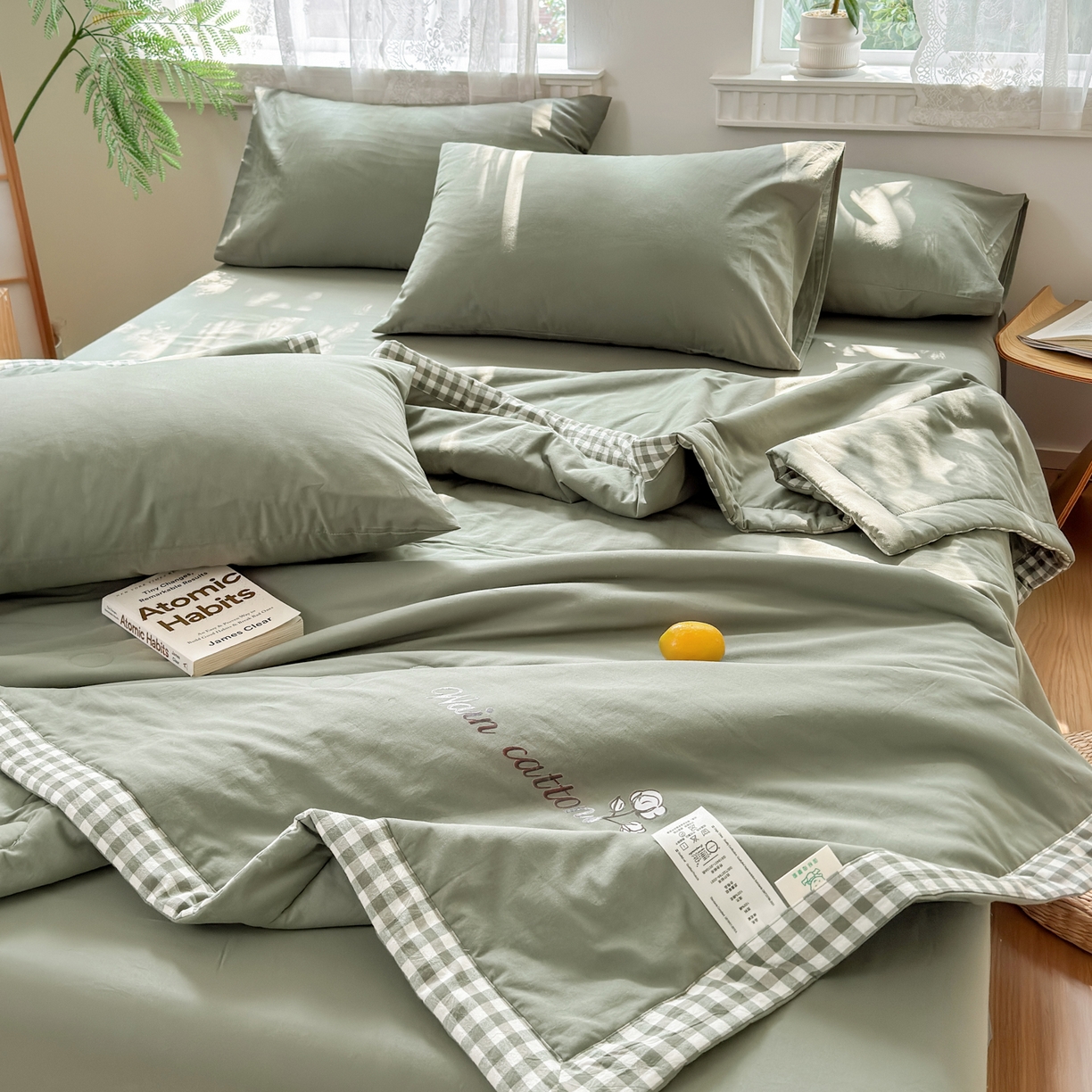 91家纺网 家纺一手货源 找家纺 雯雨家纺 2026新款全棉水洗棉棉花夏凉被-简森系列 简森-军绿黄