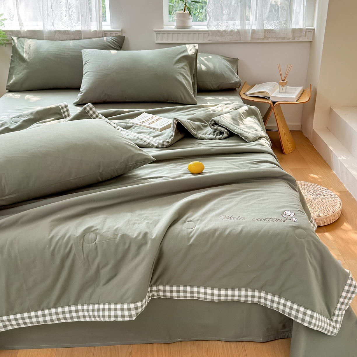 91家纺网 家纺一手货源 找家纺 雯雨家纺 2026新款全棉水洗棉棉花夏凉被-简森系列 简森-军绿黄
