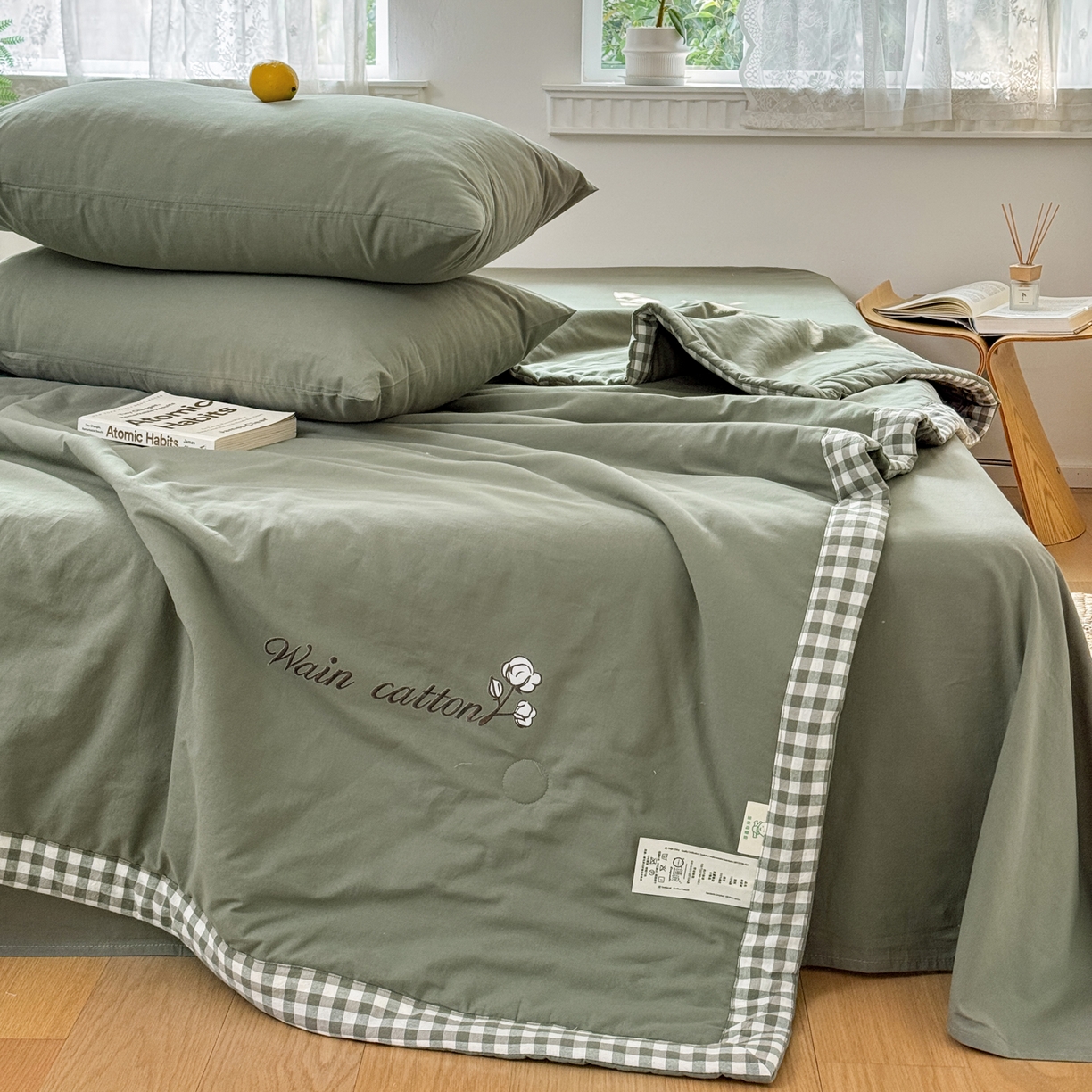 91家纺网 家纺一手货源 找家纺 雯雨家纺 2026新款全棉水洗棉棉花夏凉被-简森系列 简森-军绿黄