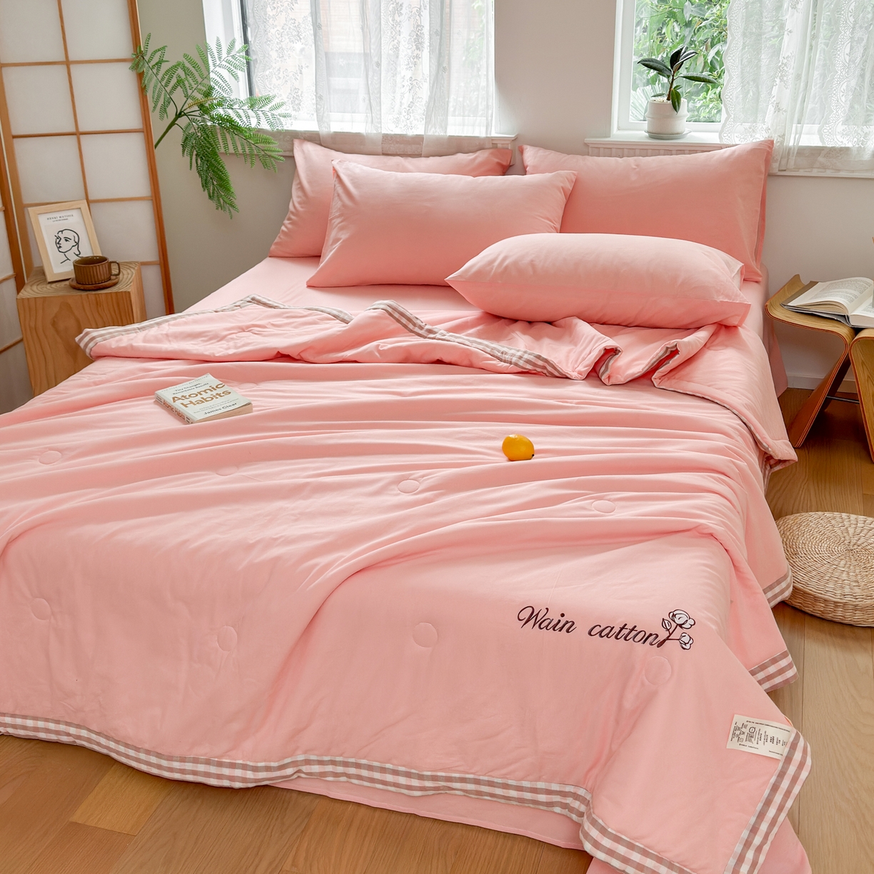 91家纺网 家纺一手货源 找家纺 雯雨家纺 2026新款全棉水洗棉棉花夏凉被-简森系列 简森-文艺粉