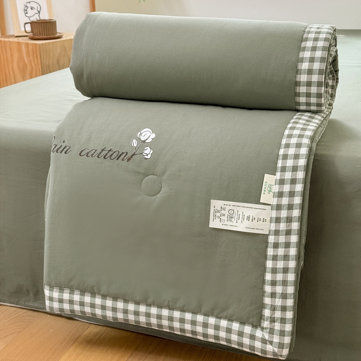 91家纺网 家纺一手货源 找家纺 雯雨家纺 2026新款全棉水洗棉棉花夏凉被-简森系列 简森-军绿黄