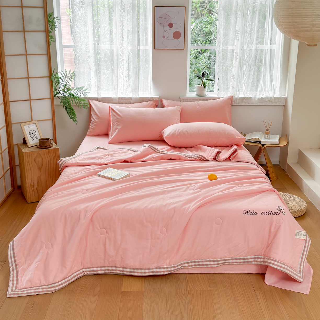 91家纺网 家纺一手货源 找家纺 雯雨家纺 2026新款全棉水洗棉棉花夏凉被-简森系列 简森-文艺粉