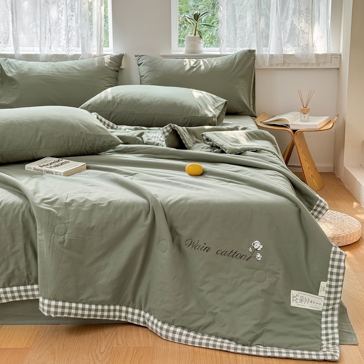 91家纺网 家纺一手货源 找家纺 雯雨家纺 2026新款全棉水洗棉棉花夏凉被-简森系列 简森-军绿黄