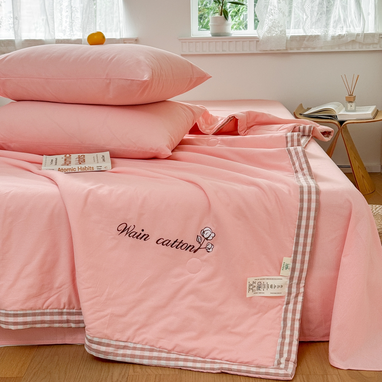 91家纺网 家纺一手货源 找家纺 雯雨家纺 2026新款全棉水洗棉棉花夏凉被-简森系列 简森-文艺粉