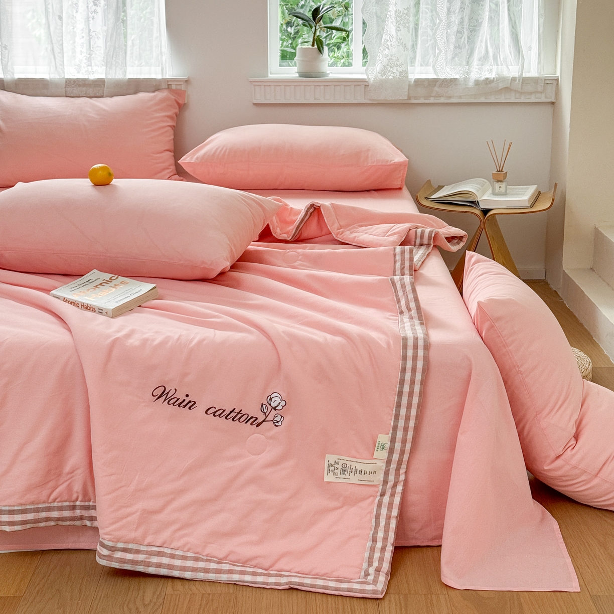 91家纺网 家纺一手货源 找家纺 雯雨家纺 2026新款全棉水洗棉棉花夏凉被-简森系列 简森-文艺粉