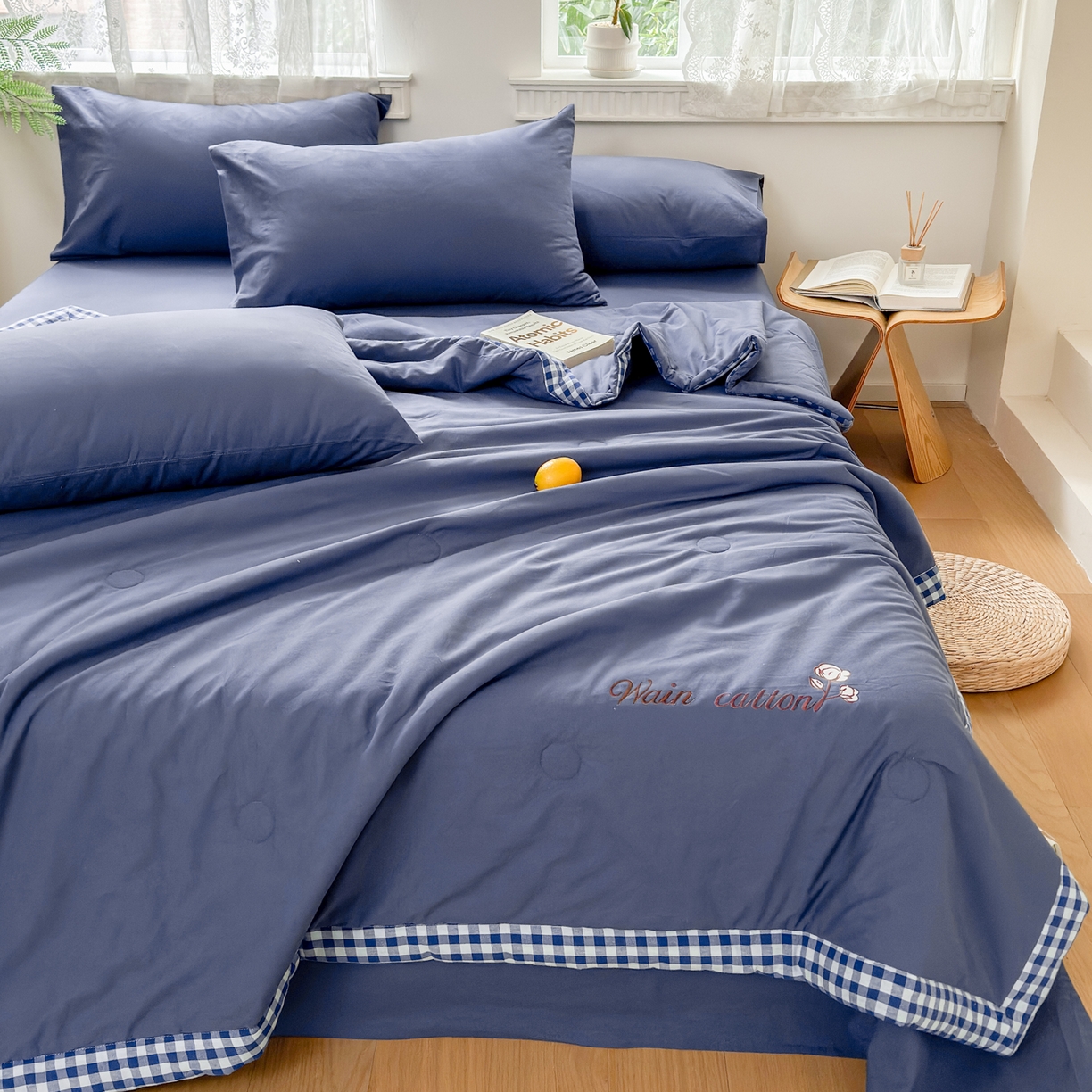 91家纺网 家纺一手货源 找家纺 雯雨家纺 2026新款全棉水洗棉棉花夏凉被-简森系列 简森-深蓝