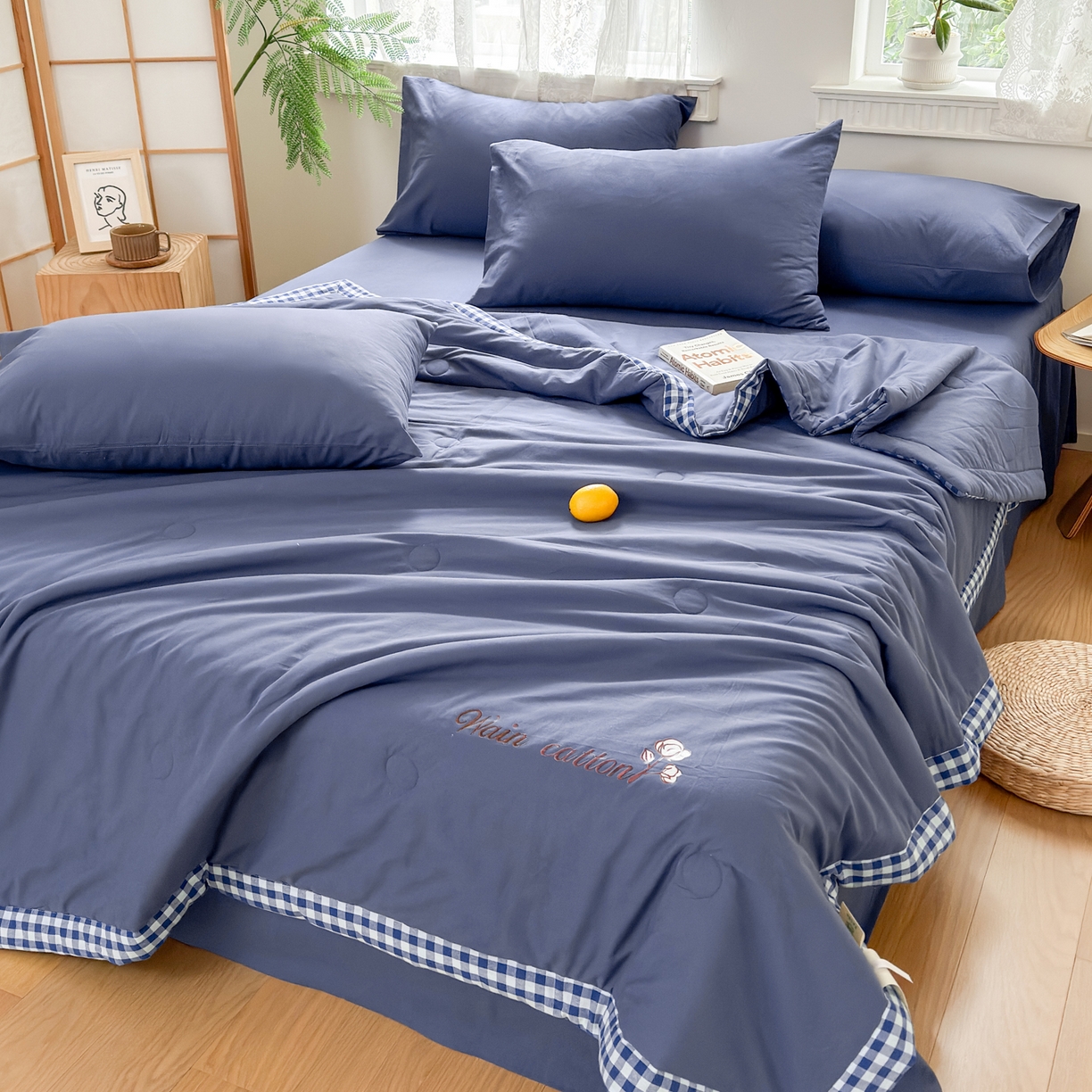 91家纺网 家纺一手货源 找家纺 雯雨家纺 2026新款全棉水洗棉棉花夏凉被-简森系列 简森-深蓝