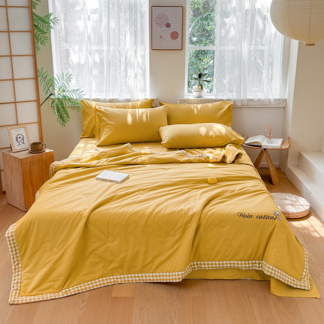 91家纺网 家纺一手货源 找家纺 雯雨家纺 2026新款全棉水洗棉棉花夏凉被-简森系列 简森-明亮黄