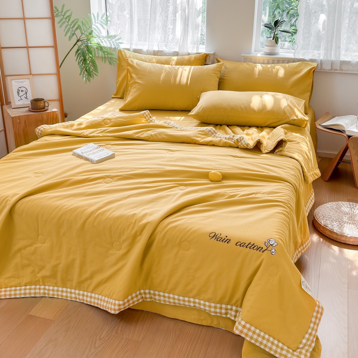 91家纺网 家纺一手货源 找家纺 雯雨家纺 2026新款全棉水洗棉棉花夏凉被-简森系列 简森-明亮黄