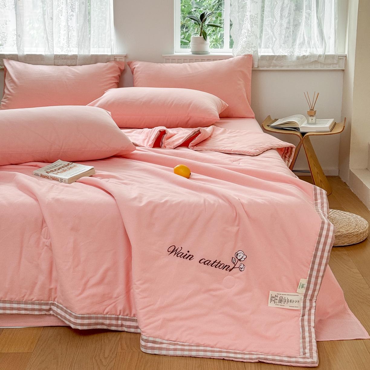 91家纺网 家纺一手货源 找家纺 雯雨家纺 2026新款全棉水洗棉棉花夏凉被-简森系列 简森-文艺粉