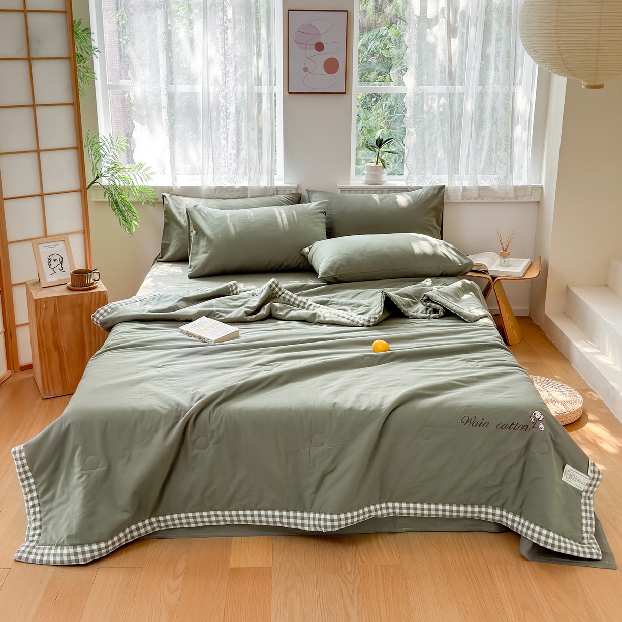 91家纺网 家纺一手货源 找家纺 雯雨家纺 2026新款全棉水洗棉棉花夏凉被-简森系列 简森-军绿黄