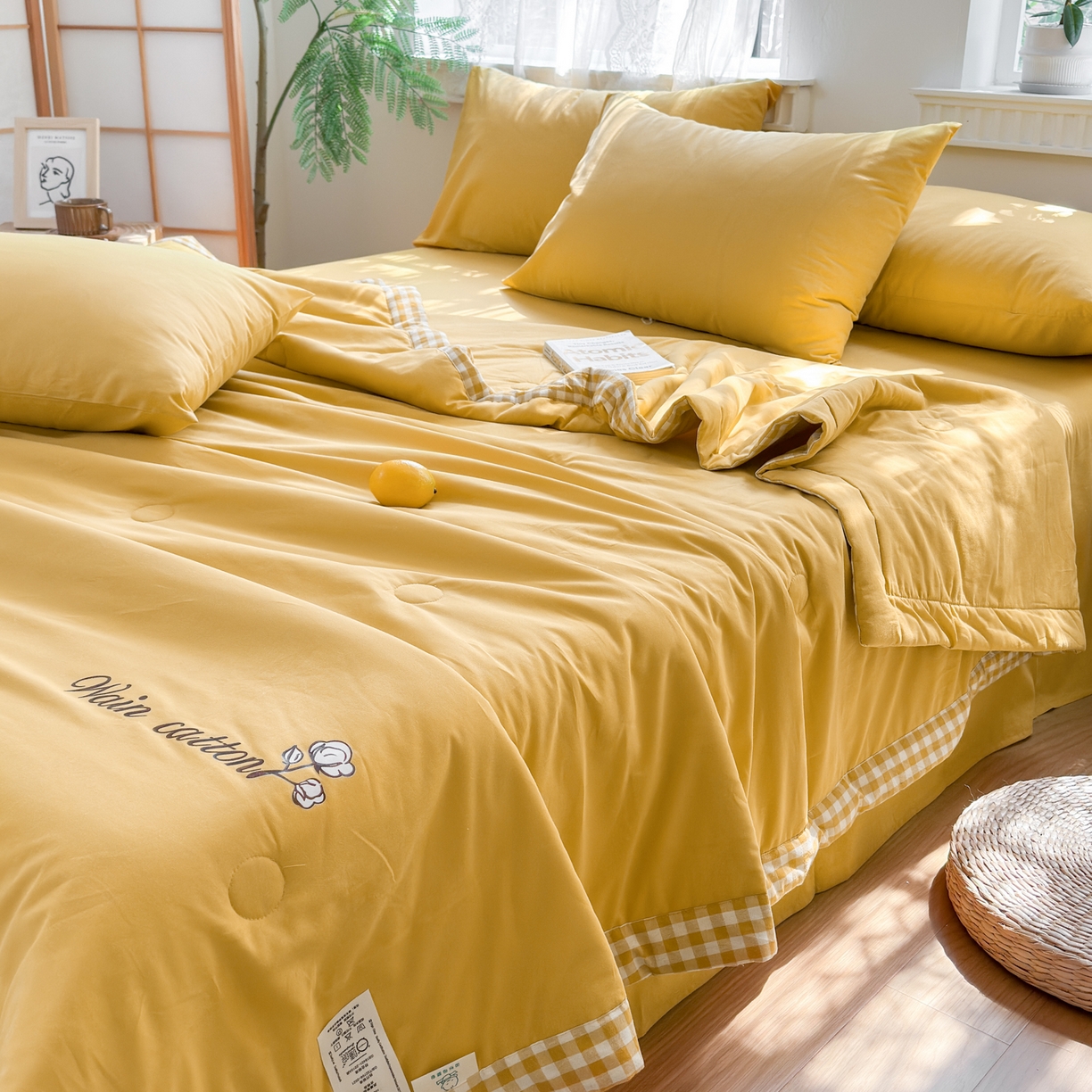 91家纺网 家纺一手货源 找家纺 雯雨家纺 2026新款全棉水洗棉棉花夏凉被-简森系列 简森-明亮黄