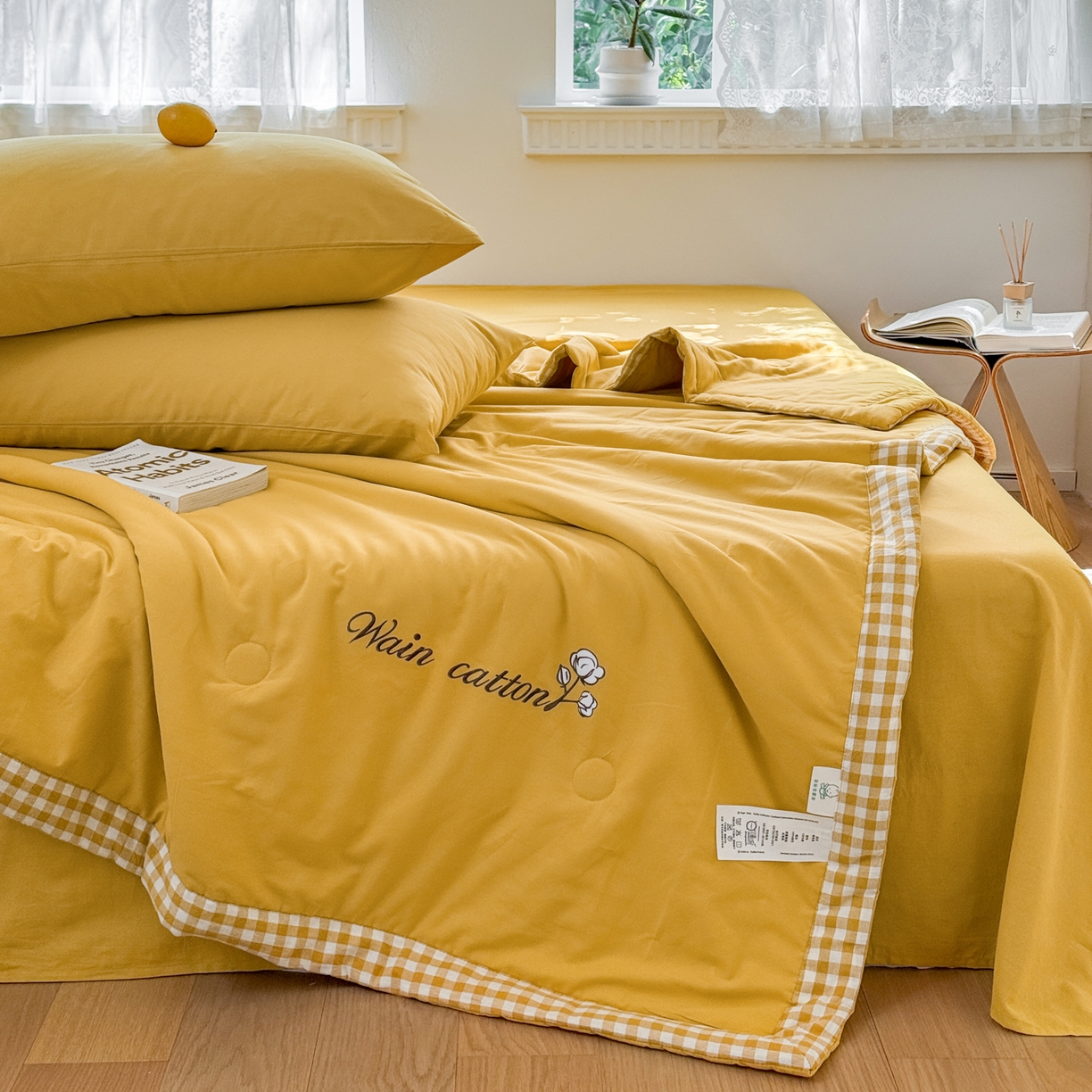 91家纺网 家纺一手货源 找家纺 雯雨家纺 2026新款全棉水洗棉棉花夏凉被-简森系列 简森-明亮黄