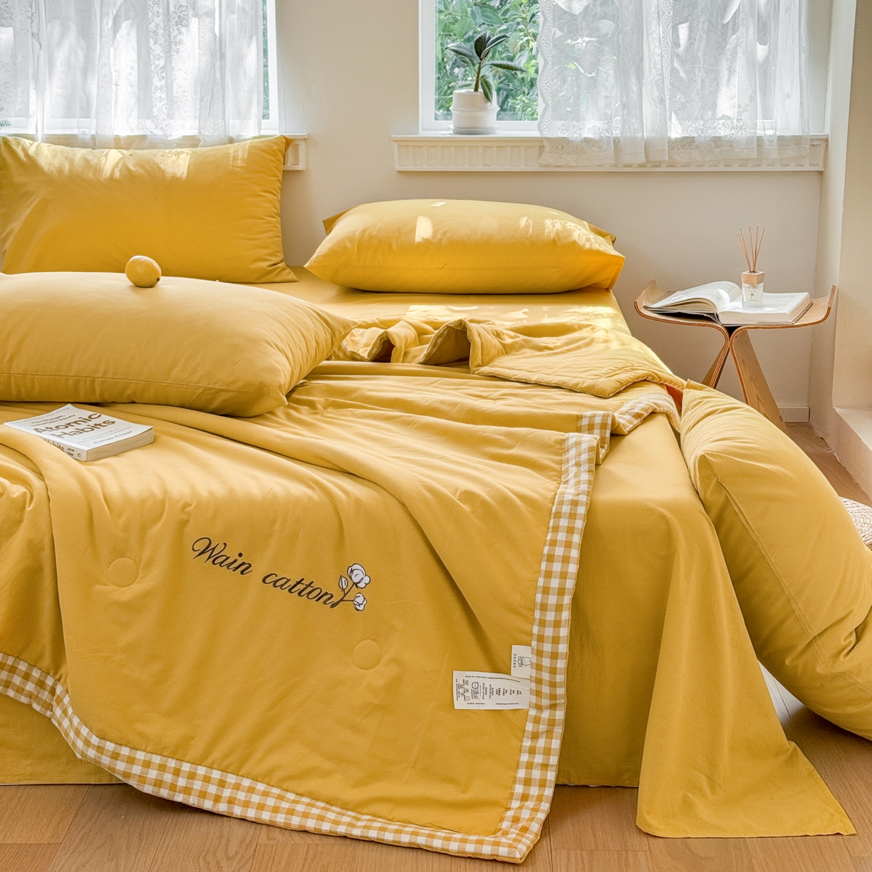 91家纺网 家纺一手货源 找家纺 雯雨家纺 2026新款全棉水洗棉棉花夏凉被-简森系列 简森-明亮黄