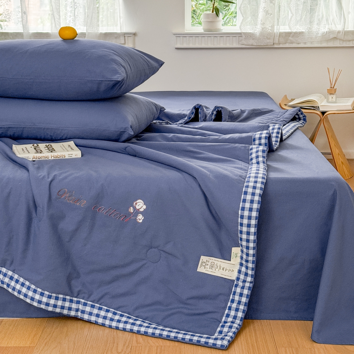 91家纺网 家纺一手货源 找家纺 雯雨家纺 2026新款全棉水洗棉棉花夏凉被-简森系列 简森-深蓝