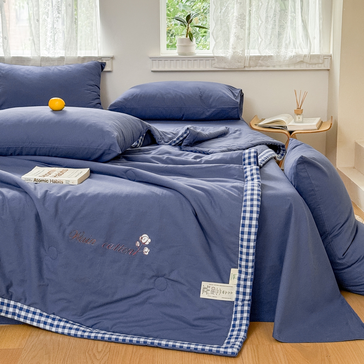 91家纺网 家纺一手货源 找家纺 雯雨家纺 2026新款全棉水洗棉棉花夏凉被-简森系列 简森-深蓝