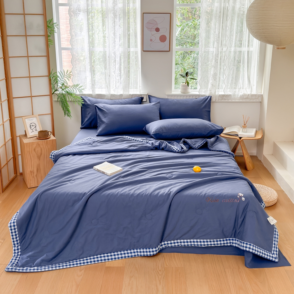 91家纺网 家纺一手货源 找家纺 雯雨家纺 2026新款全棉水洗棉棉花夏凉被-简森系列 简森-深蓝