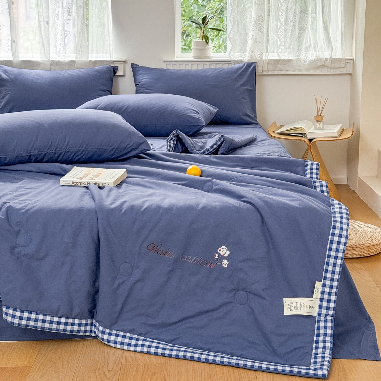 91家纺网 家纺一手货源 找家纺 雯雨家纺 2026新款全棉水洗棉棉花夏凉被-简森系列 简森-深蓝