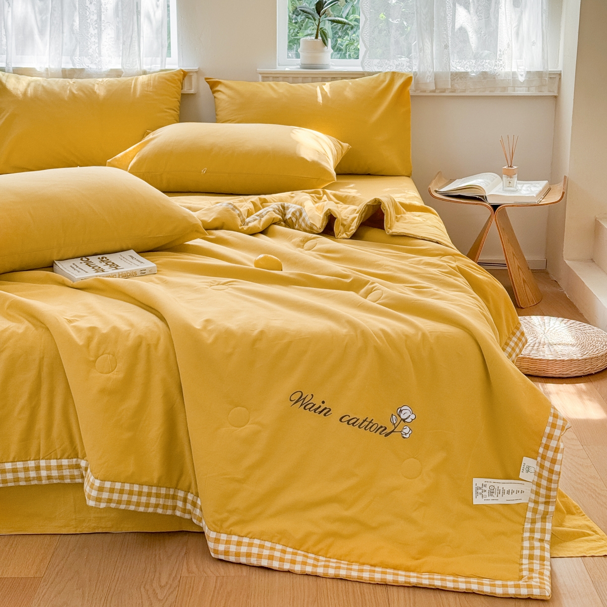 91家纺网 家纺一手货源 找家纺 雯雨家纺 2026新款全棉水洗棉棉花夏凉被-简森系列 简森-明亮黄