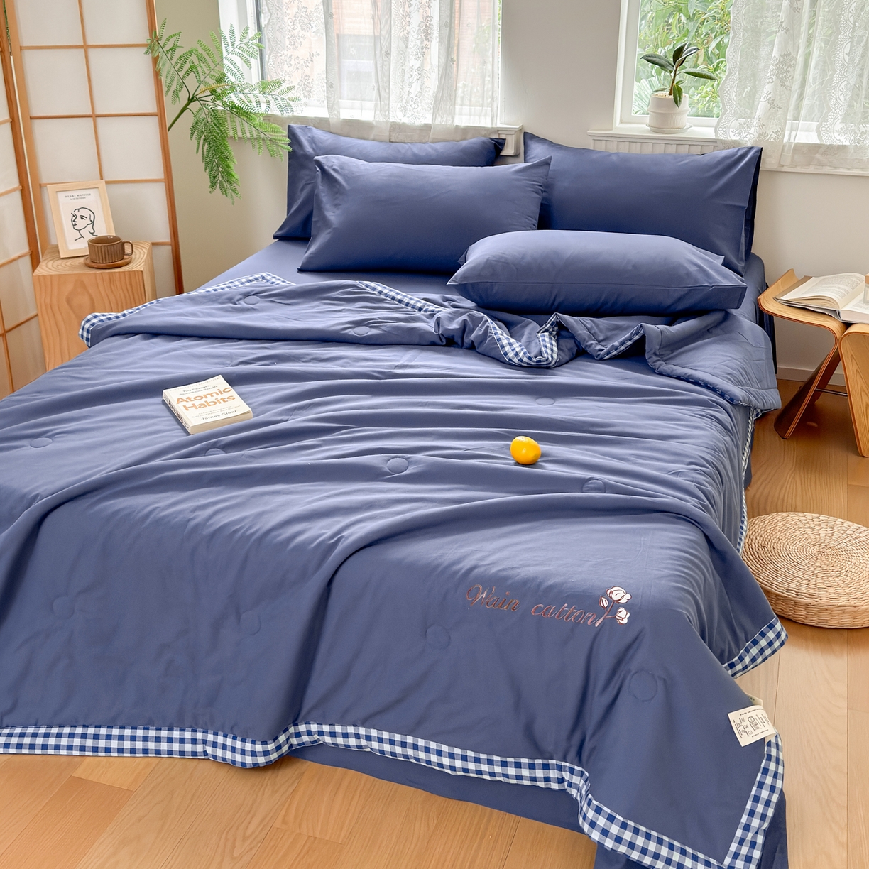 91家纺网 家纺一手货源 找家纺 雯雨家纺 2026新款全棉水洗棉棉花夏凉被-简森系列 简森-深蓝