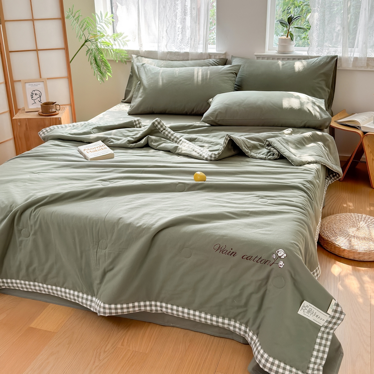 91家纺网 家纺一手货源 找家纺 雯雨家纺 2026新款全棉水洗棉棉花夏凉被-简森系列 简森-军绿黄