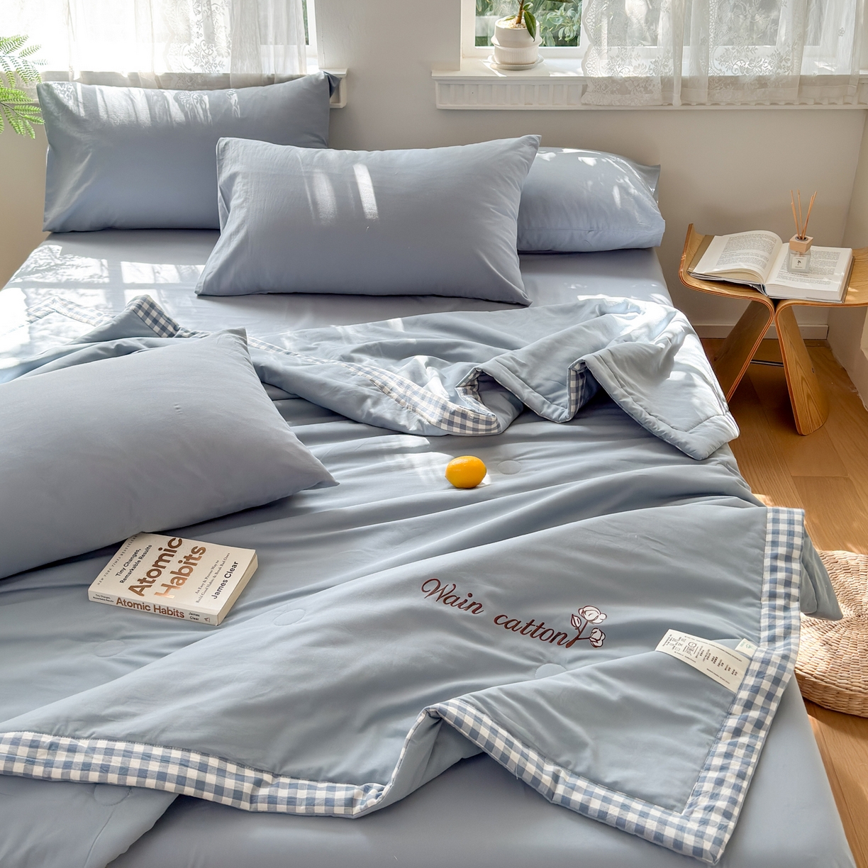 91家纺网 家纺一手货源 找家纺 雯雨家纺 2026新款全棉水洗棉棉花夏凉被-简森系列 简森-轻奢蓝