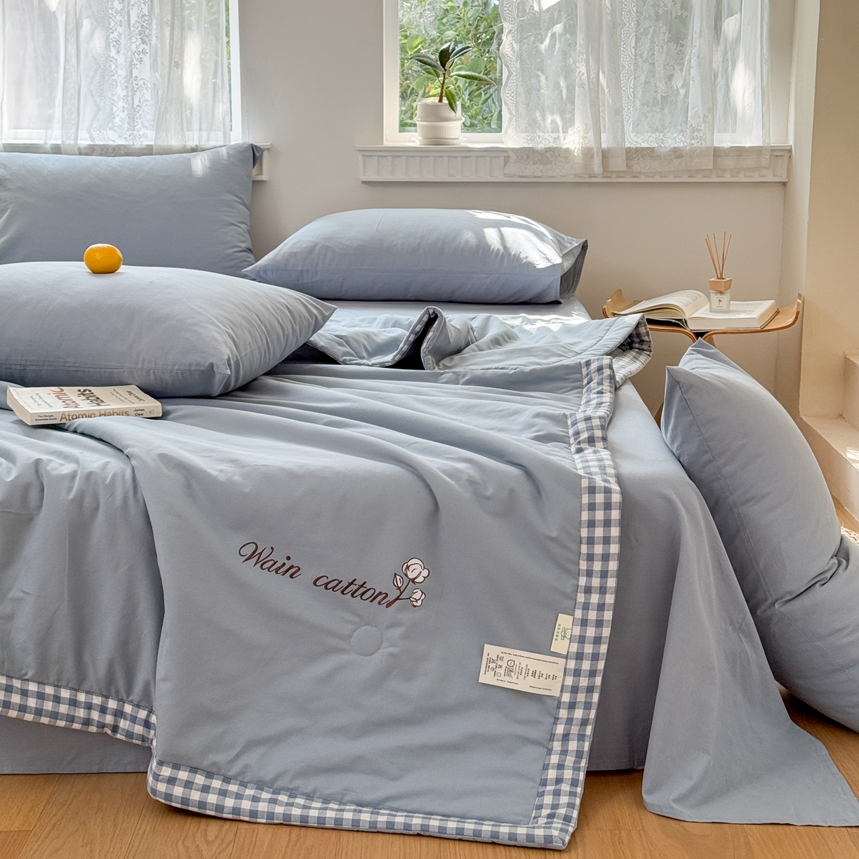 91家纺网 家纺一手货源 找家纺 雯雨家纺 2026新款全棉水洗棉棉花夏凉被-简森系列 简森-轻奢蓝