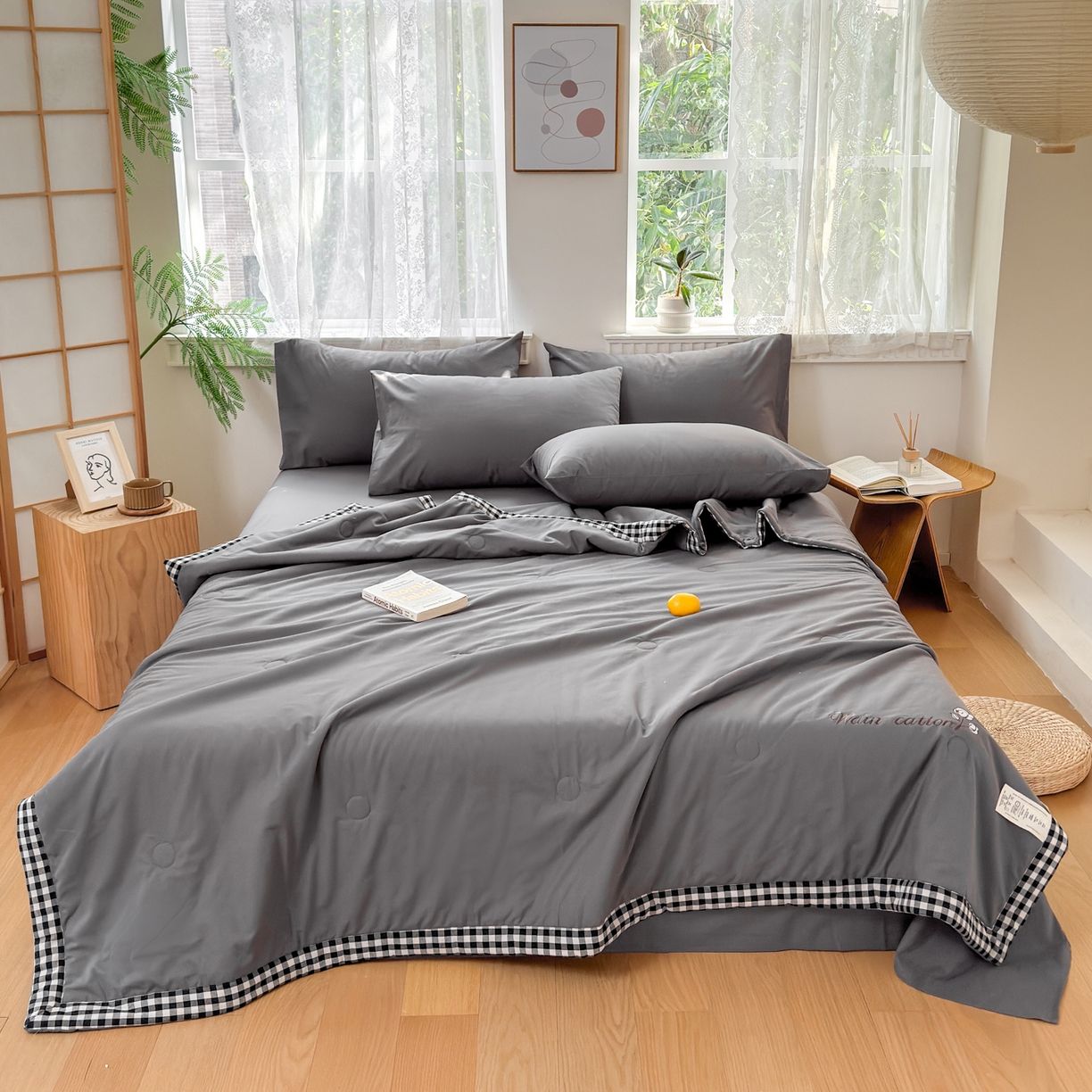 91家纺网 家纺一手货源 找家纺 雯雨家纺 2026新款全棉水洗棉棉花夏凉被-简森系列 简森-高级灰