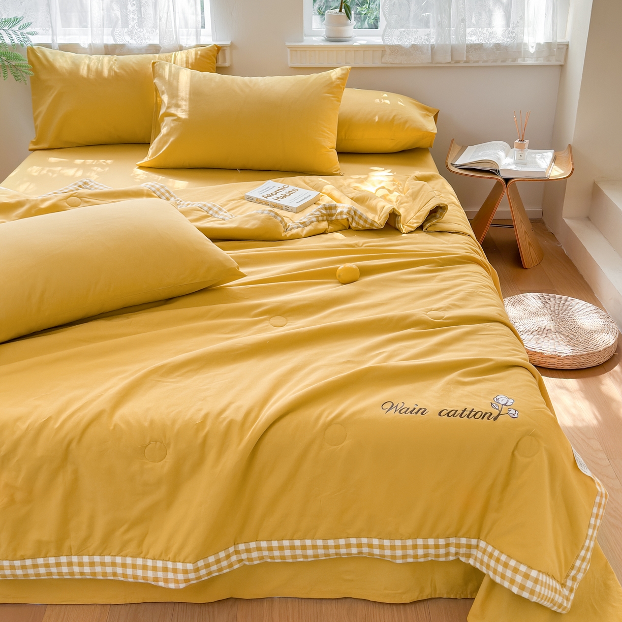 91家纺网 家纺一手货源 找家纺 雯雨家纺 2026新款全棉水洗棉棉花夏凉被-简森系列 简森-明亮黄