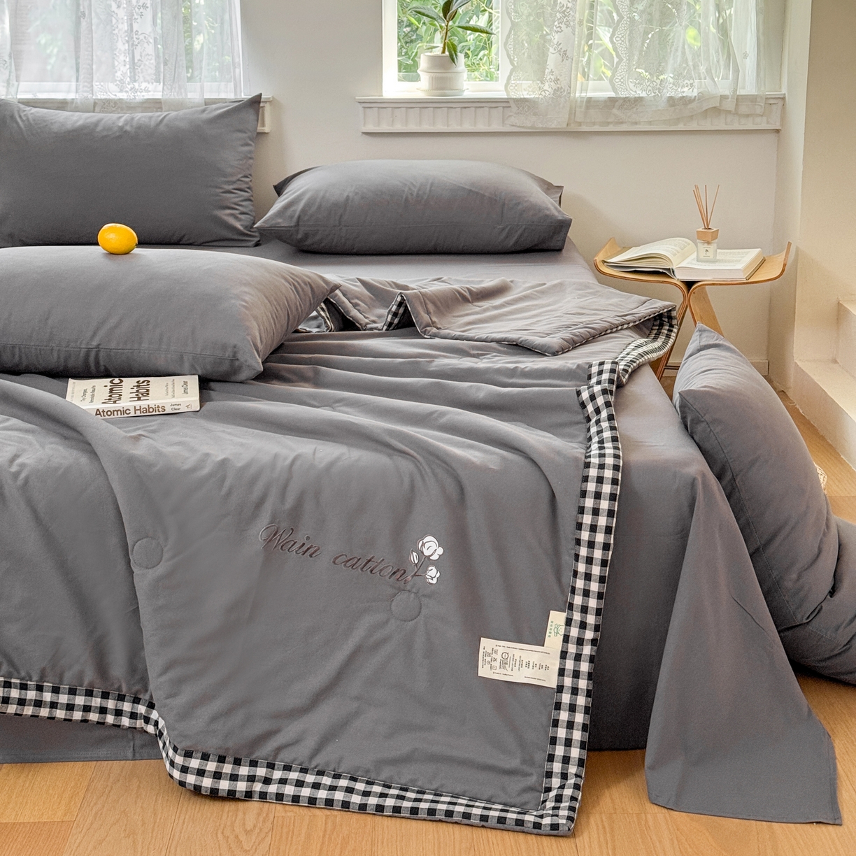 91家纺网 家纺一手货源 找家纺 雯雨家纺 2026新款全棉水洗棉棉花夏凉被-简森系列 简森-高级灰