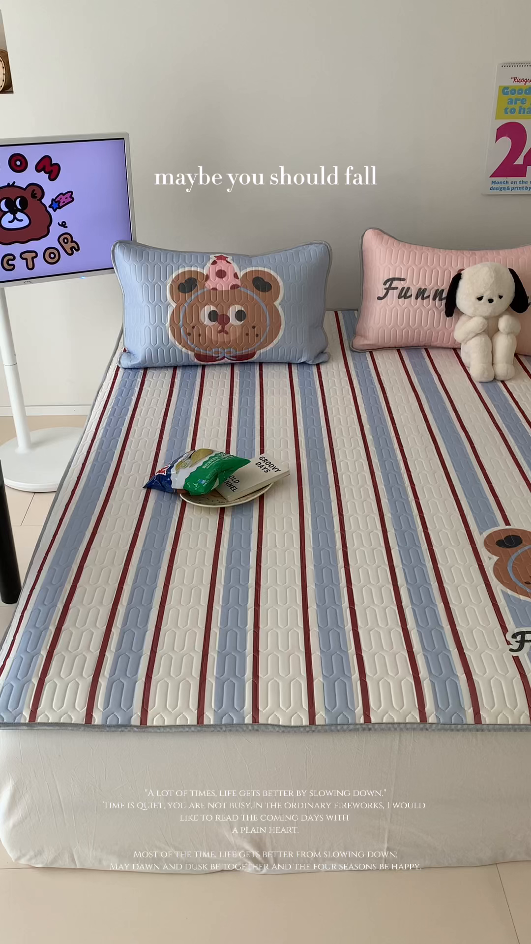 91家纺网 家纺一手货源 找家纺 顾里家纺 2026新款ins大版卡通乳胶席凉席席子 蓝条小熊