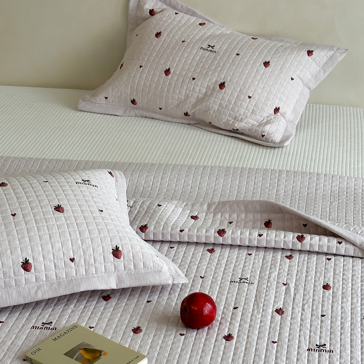 91家纺网 家纺一手货源 找家纺 床盖工厂店 2026新款提花色织麻床盖三件套 草莓粉